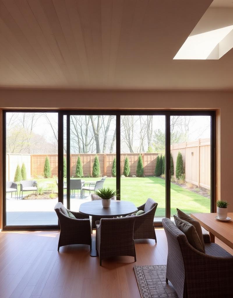 Porte patio coulissante ouverte sur une terrasse arrière