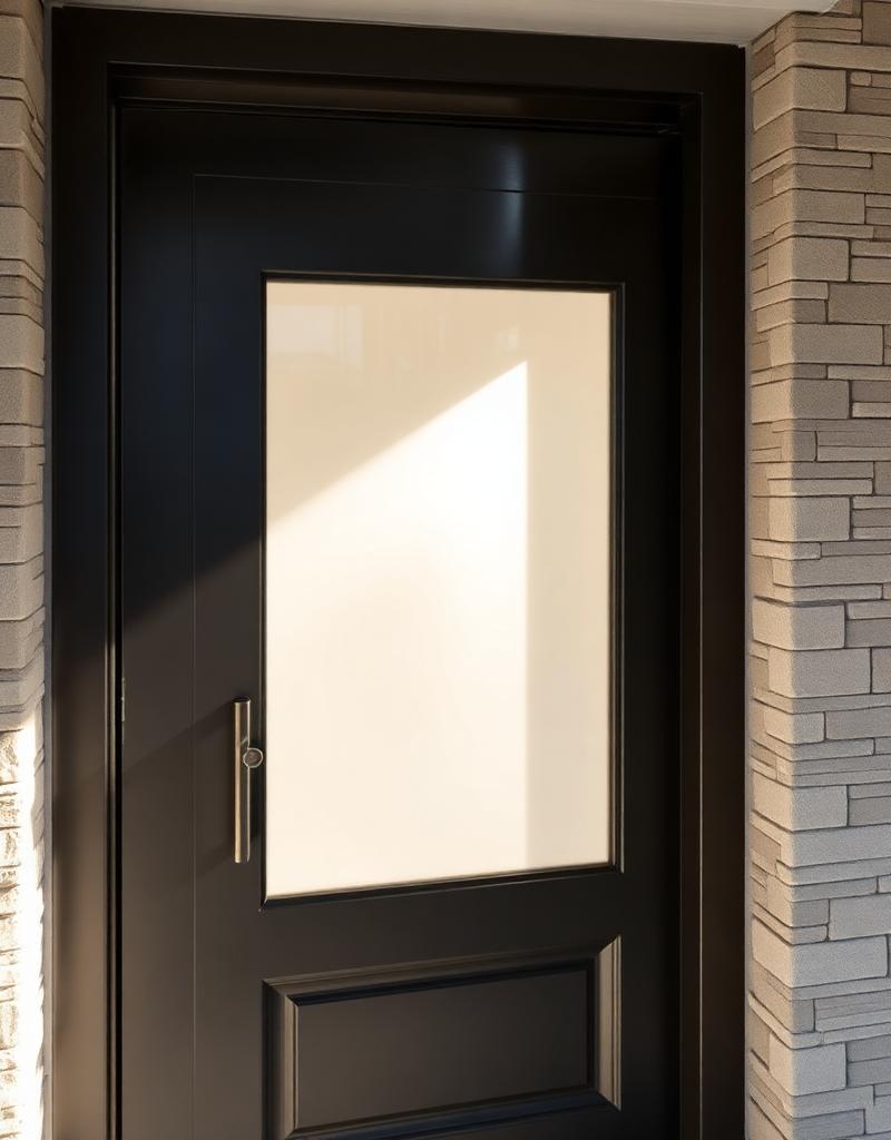 Porte d'entrée en acier avec vitrage décoratif installée par Yanno